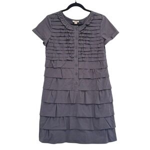 J.Crew Carly Ruffle Dress Tiered Button Front Short Sleeve Gray Cotton‎ 6 Preppy